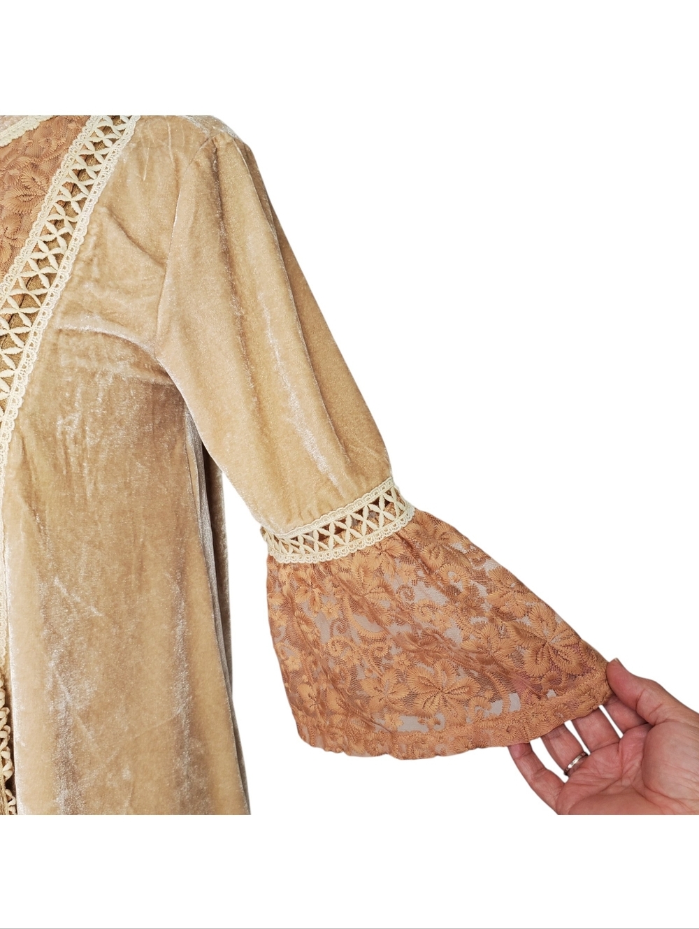 POL S Tunic Top Velvet Lace V-Neck 3/4 Bell Sleeve Beige Tan Mini Swing Dress - Picture 6 of 9